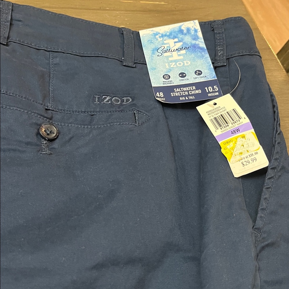 NWT! Izod Dark Blue Stretch Chino Shorts. “Saltwater” 48 waist